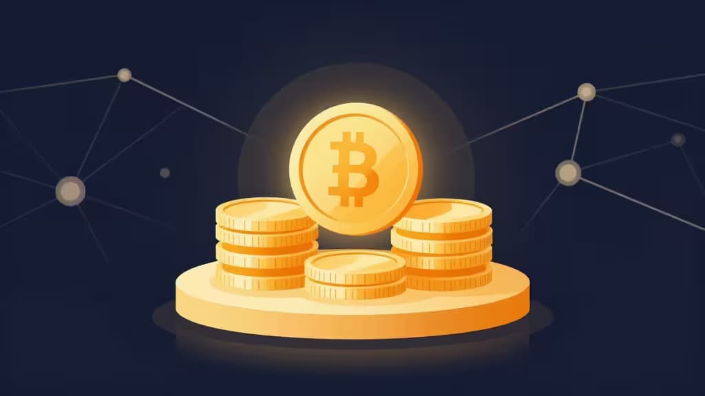 Abstracte illustratie van cryptocurrency staking: gouden munten gestapeld op een sokkel met blockchain-netwerkknooppunten op de achtergrond in warme amber- en blauwtinten.