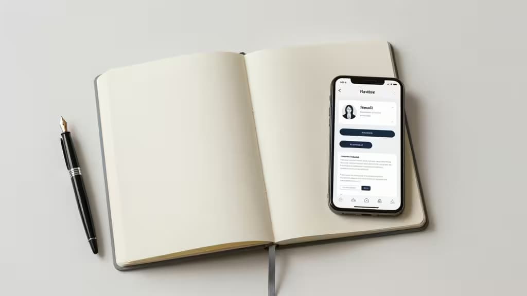Un carnet ouvert, un stylo et un smartphone affichant une interface d'outil IA reposent sur un bureau épuré à côté d'un stylo-plume.