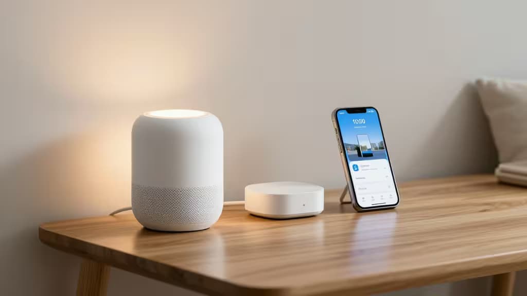 White smart speaker, hub, and smartphone on light wood table.