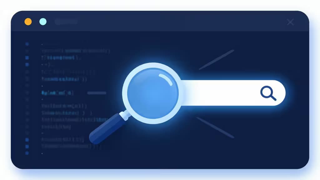 Lupa brilhante sobre código, simbolizando busca instantânea e acessível para desenvolvedores.