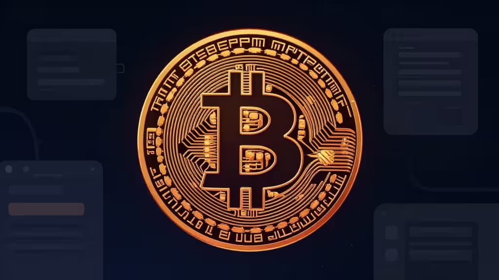 Goldene Bitcoin-Münze mit Schaltkreismustern, die vor dunklem Hintergrund mit UI-Elementen leuchtet