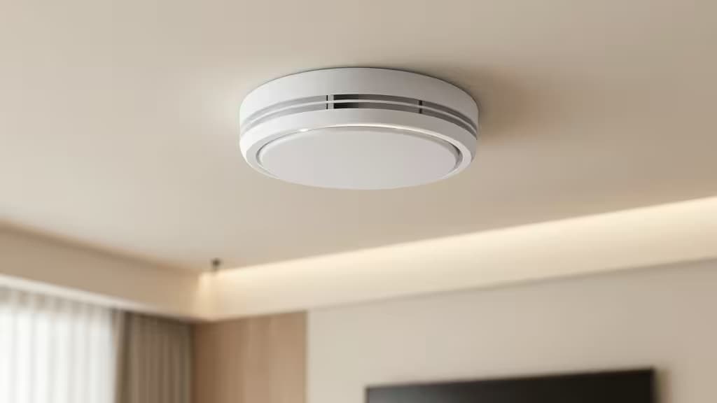 Interno di una casa moderna con un rivelatore di fumo smart bianco montato a soffitto, illuminazione calda e ambiente minimalista