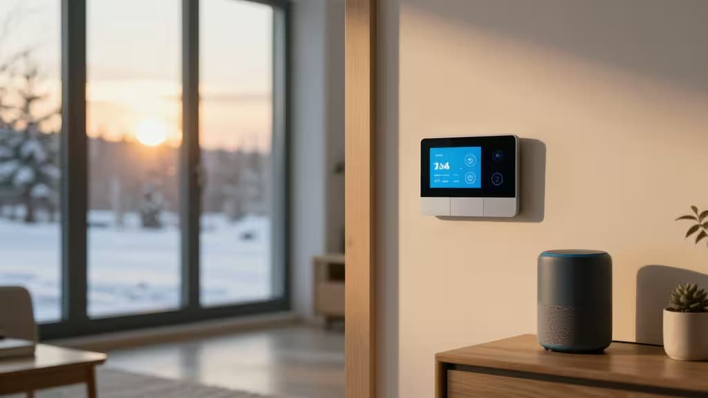 Un termostato inteligente y un altavoz con pantalla reposan sobre una consola de madera, contrastando con el paisaje nevado visible a través de la gran ventana.