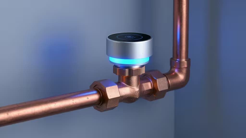 Silver smart valve with glowing blue ring sits atop copper plumbing, indicating active leak prevention monitoring.