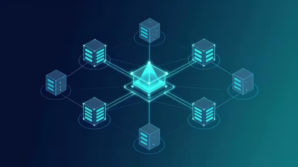 Abstracte illustratie van onderling verbonden serverless function nodes die orkestreren over een cloudnetwerk, met gloeiende gegevensstromen tussen geometrische verwerkingseenheden op een donkerblauwe achtergrond.