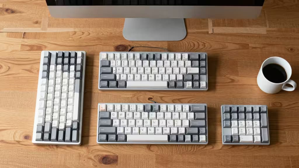 Quattro tastiere meccaniche con keycap bianchi e grigi disposte su una scrivania in legno accanto a un monitor Mac e una tazza di caffè.