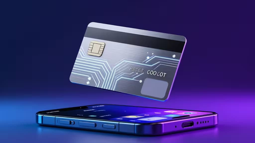 Una futuristica carta crypto debit in metallo con circuiti luminosi fluttua sopra uno smartphone, su sfondo viola brillante.