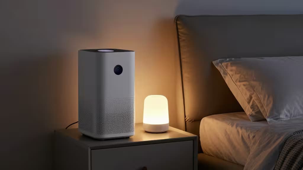 A white air purifier and glowing smart speaker sit on a wooden nightstand beside a bed.