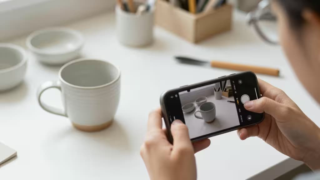 Hands hold a smartphone, capturing a ceramic mug on a white desk for Etsy product photography.
