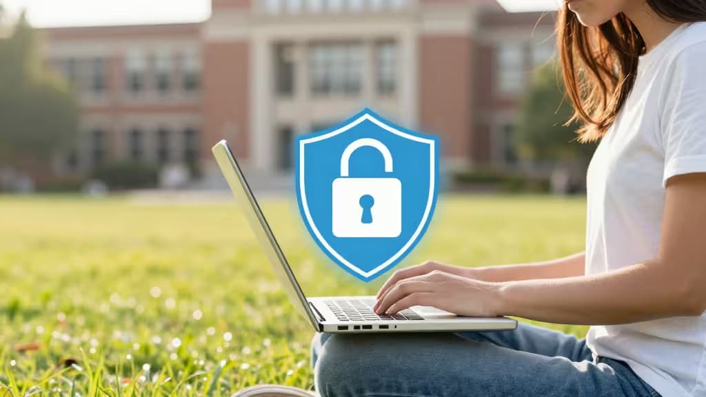 Student on campus laptop with blue shield icon overhead, symbolizing VPN protection for educational privacy.