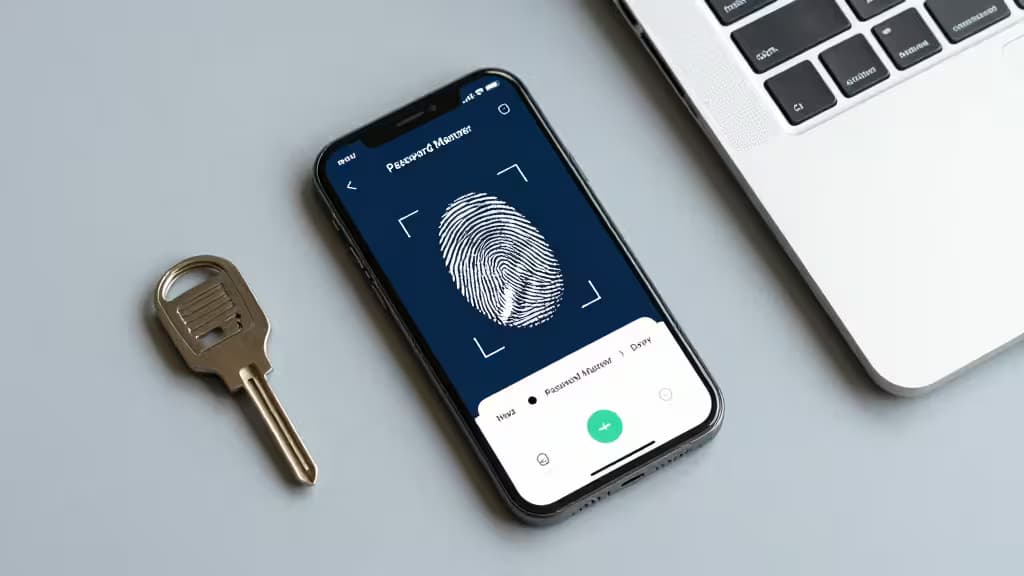 A smartphone displaying a fingerprint unlock screen sits beside a physical key and laptop.