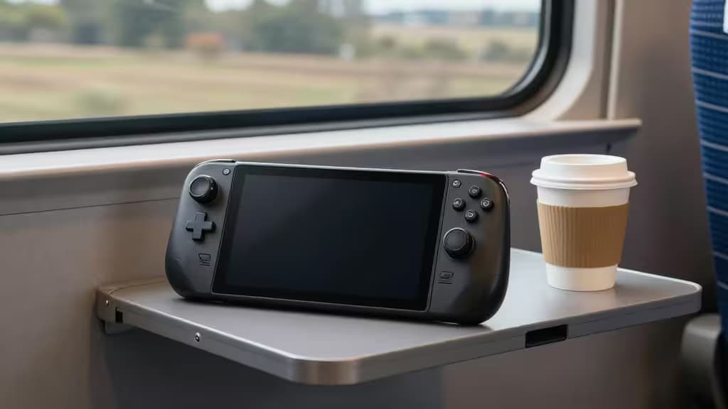 Steam Deck rust op een treintafeltje naast een koffiekop, klaar voor onderweg.