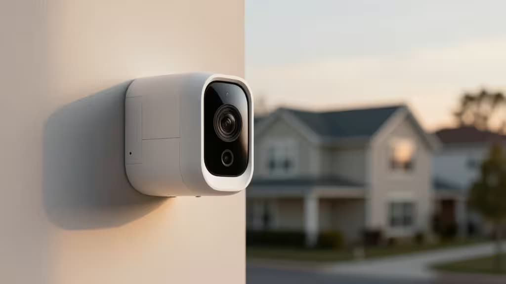 Caméra de sécurité blanche fixée sur un mur beige, objectif tourné vers des maisons suburbaines au crépuscule.