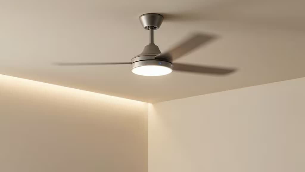 Un ventilador de techo de metal cepillado con luz LED integrada brilla suavemente contra paredes color crema, con un ligero desenfoque de movimiento que sugiere automatización inteligente en una habitación minimalista.