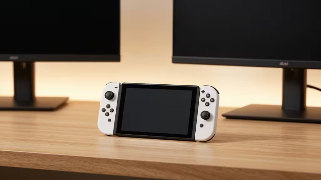 White Nintendo Switch rests on wooden desk, flanked by two black portable monitors.