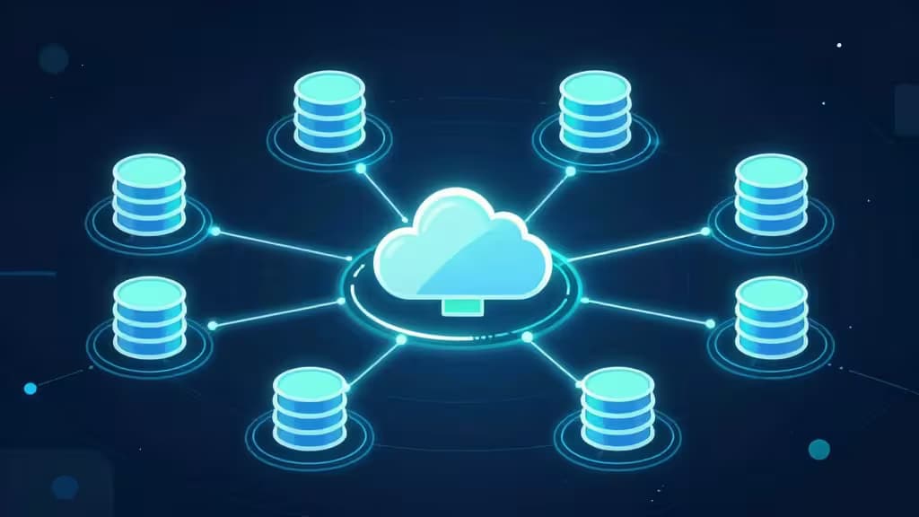 Glowing blue cloud connects eight database stacks in a networked layout on dark background.