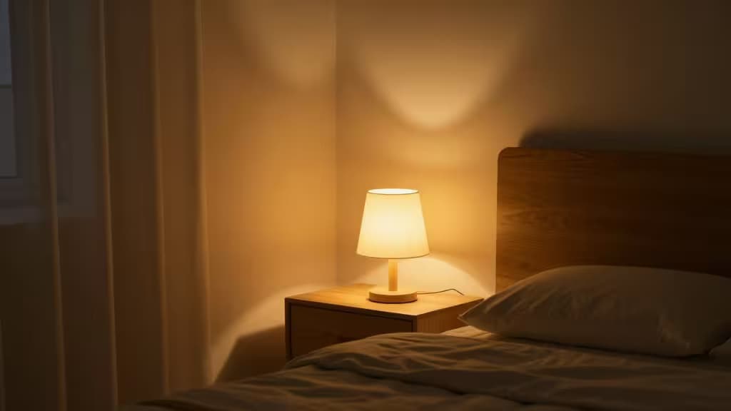 Eine hölzerne Nachttischlampe wirft warmes, sanftes Licht auf ein ordentlich gemachtes Bett mit weicher Bettwäsche.