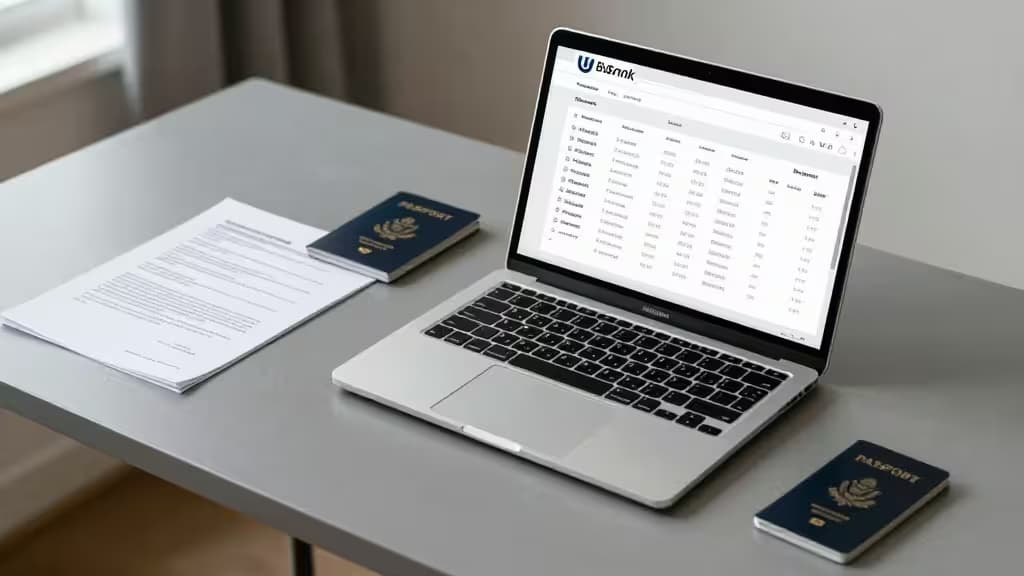 Laptop displays banking interface beside passports and documents on desk.