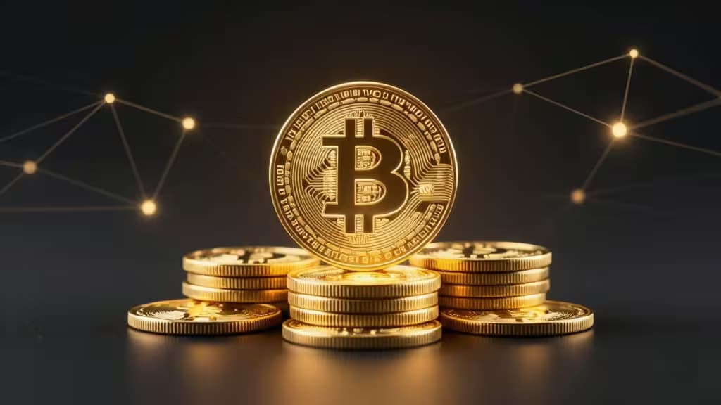 Monedas de Bitcoin doradas apiladas bajo nodos brillantes de blockchain, simbolizando recompensas de staking de criptomonedas.