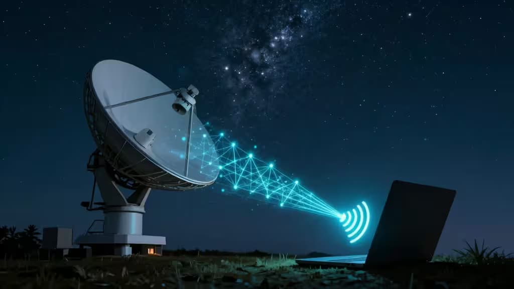 A satellite dish beams a glowing digital network to a laptop under a starry night sky, symbolizing secure Starlink VPN connectivity.