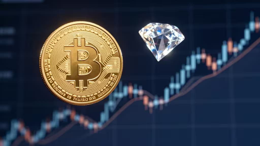 A golden Bitcoin coin and a sparkling diamond float above an upward-trending financial chart, symbolizing crypto ETF growth and value in 2025.