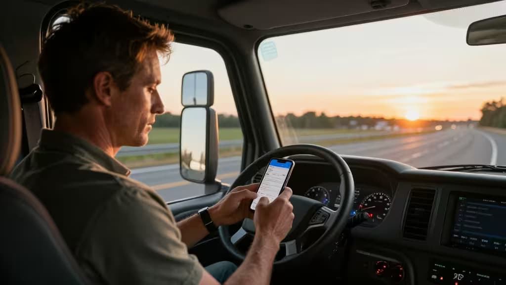 Chauffeur routier utilisant un smartphone dans sa cabine au coucher du soleil, illustrant les besoins bancaires mobiles
