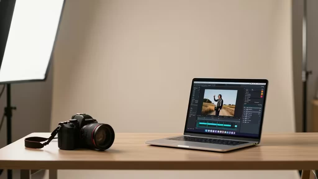 A photographer's workspace with a camera, laptop displaying AI photo editing software, and a studio product photography setup under soft warm lighting.