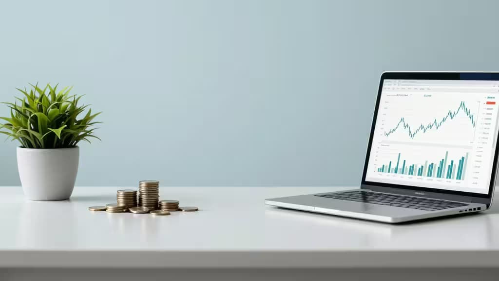 Escrivaninha de negócios moderna com laptop, gráficos financeiros e moedas — representando contas bancárias empresariais para startups