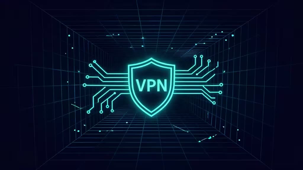 Светящийся бирюзовый щит из печатной платы с символом VPN в тёмном цифровом туннеле — символизирует безопасное зашифрованное соединение для экономных пользователей.