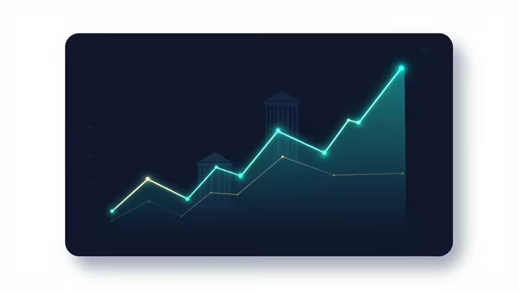 Glowing teal line graph surges past classical bank columns on dark digital screen, symbolizing fintech growth post-SVB collapse.