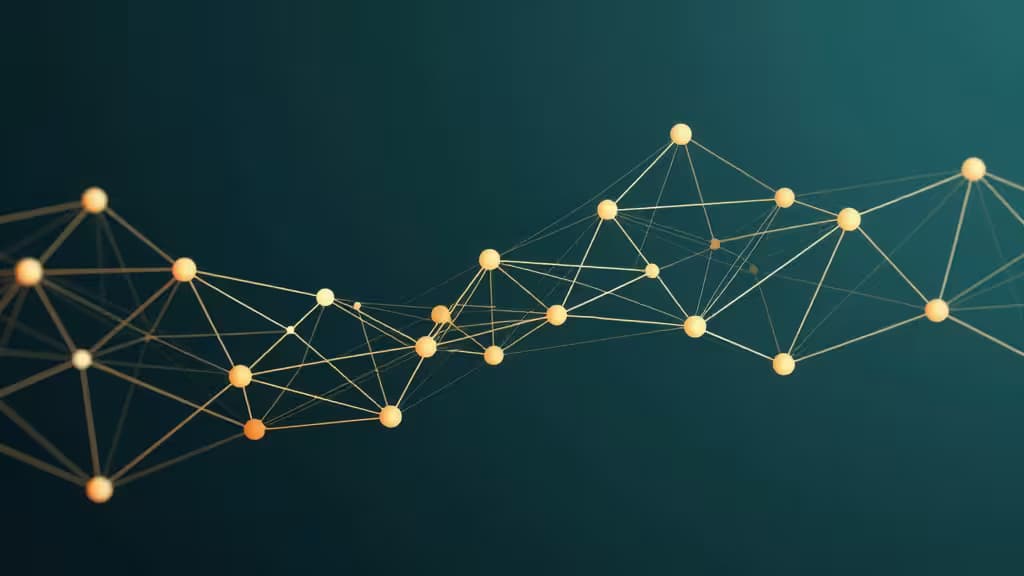 Abstract illustration of interconnected microservice nodes flowing through a Kubernetes-native orchestration pipeline with a dark teal and amber color palette.