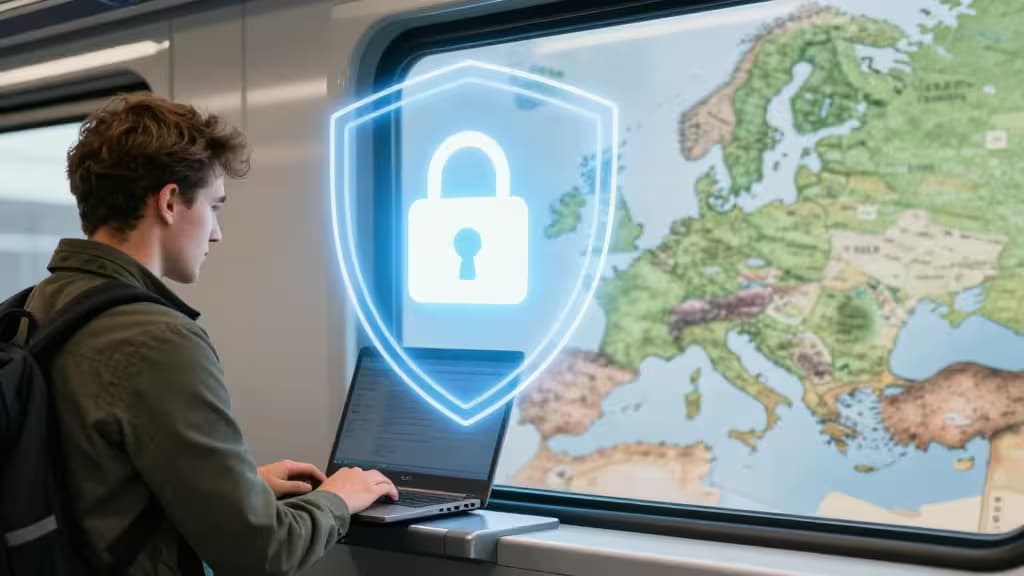 A traveler uses a laptop with a glowing shield icon, securing his connection on public Wi-Fi in Europe.