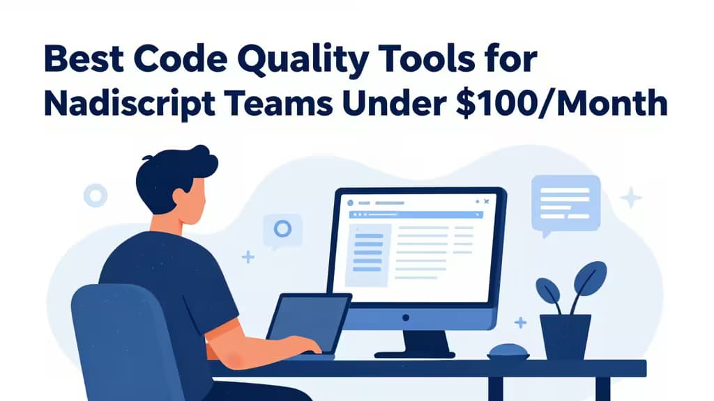 A clean developer workspace with a laptop displaying JavaScript code, representing modern code quality tooling for small teams.