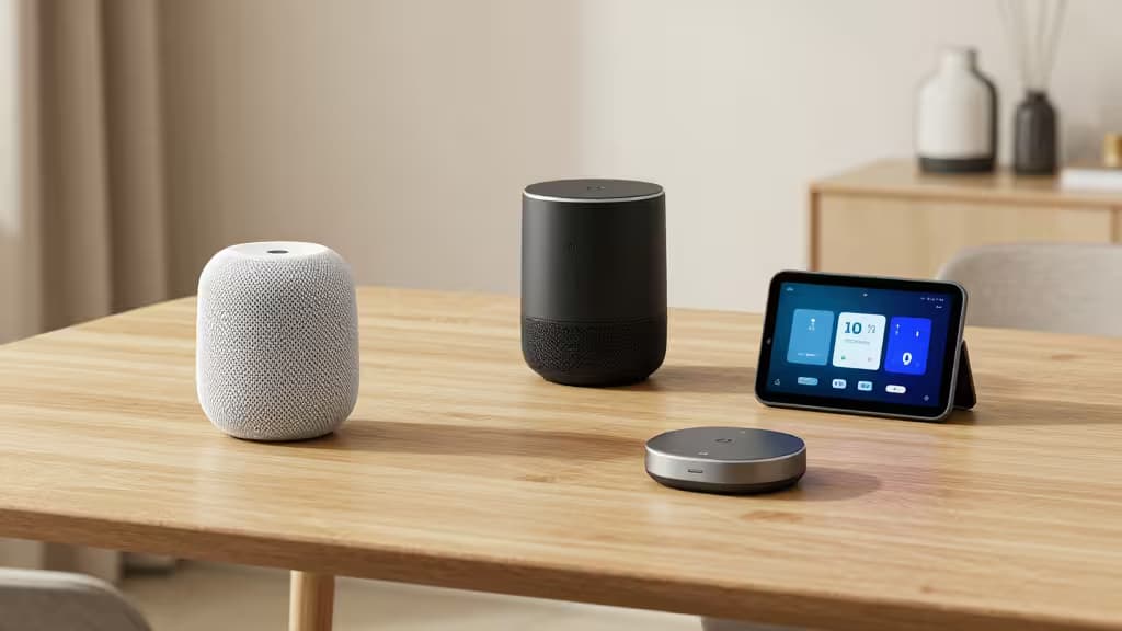 Vier slimme thuisapparaten op een houten tafel: HomePod mini, Aqara Hub, Echo Show 8 en Nest Hub Max.