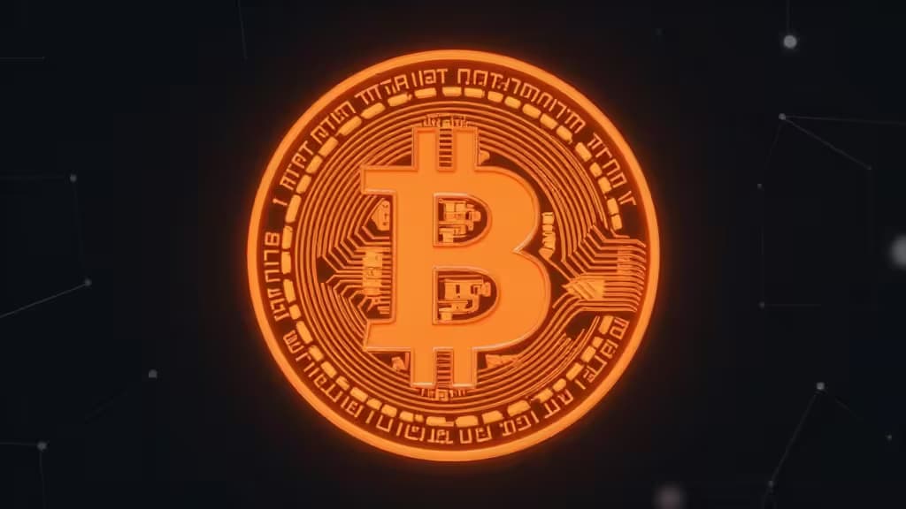 Glowing orange Bitcoin coin with circuit patterns, centered on dark background with network lines.