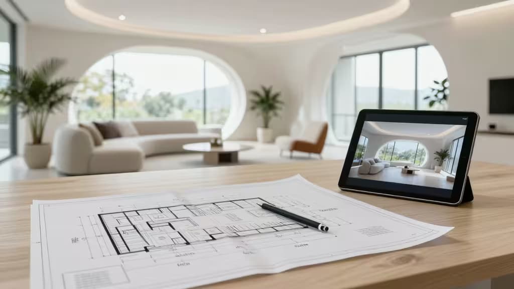Arquitetural blueprints and tablet displaying AI-rendered room on wooden desk.