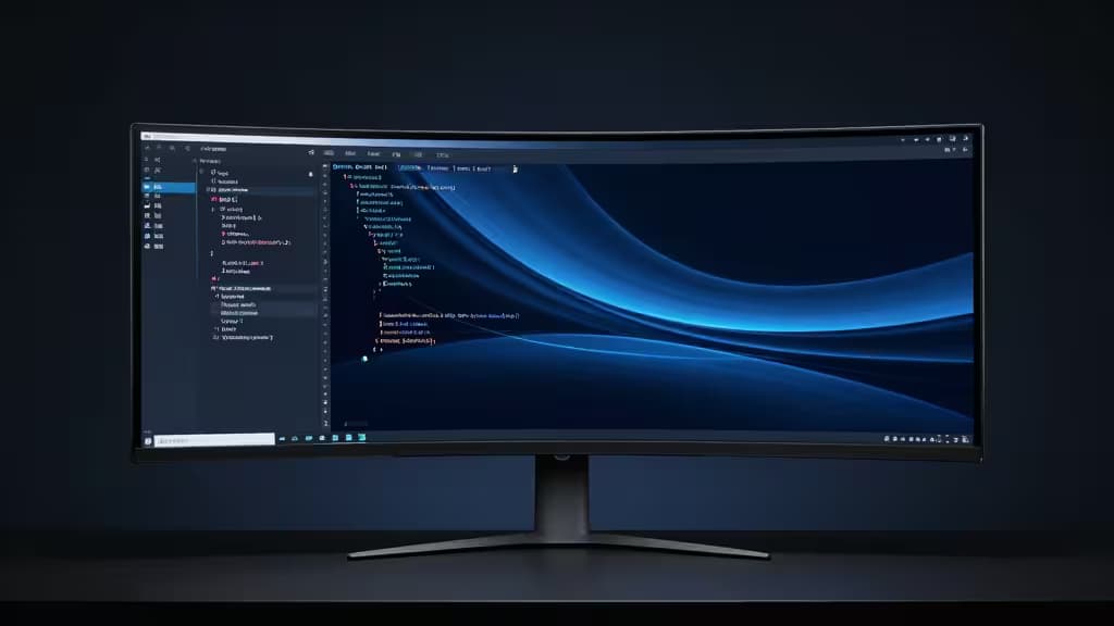 Curved ultrawide monitor displays code on a sleek developer desk, ideal for budget-conscious programmers.