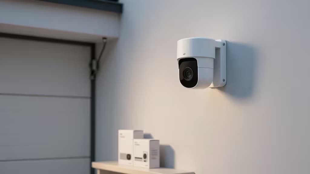Nowoczesna kamera bezpieczeństwa smart home zamontowana na ścianie garażu, z paczkami na podłodze poniżej