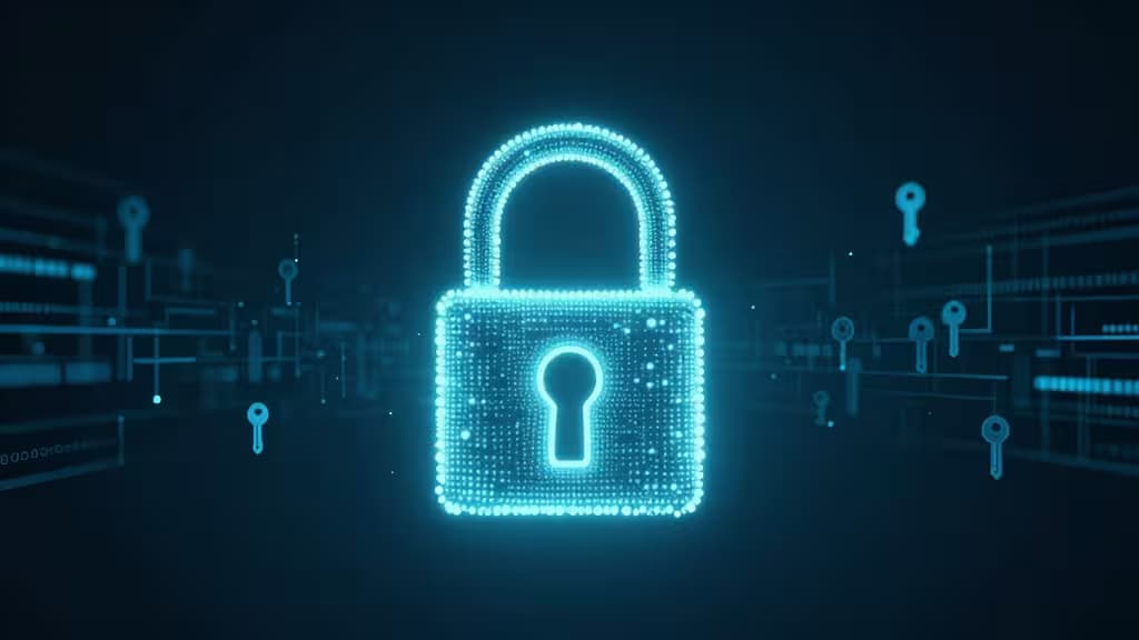 Cadenas numérique lumineux flottant au-dessus d'un fond sombre, symbolisant la sécurité des passkeys et le chiffrement des données