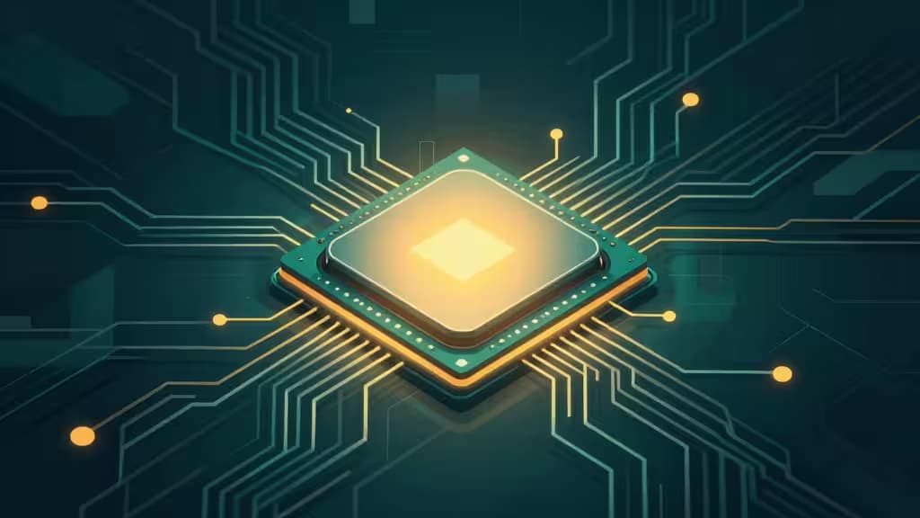Un microchip luminoso pulsa di dati, simboleggiando l'elaborazione AI sicura e locale su hardware privato per una maggiore privacy e controllo.