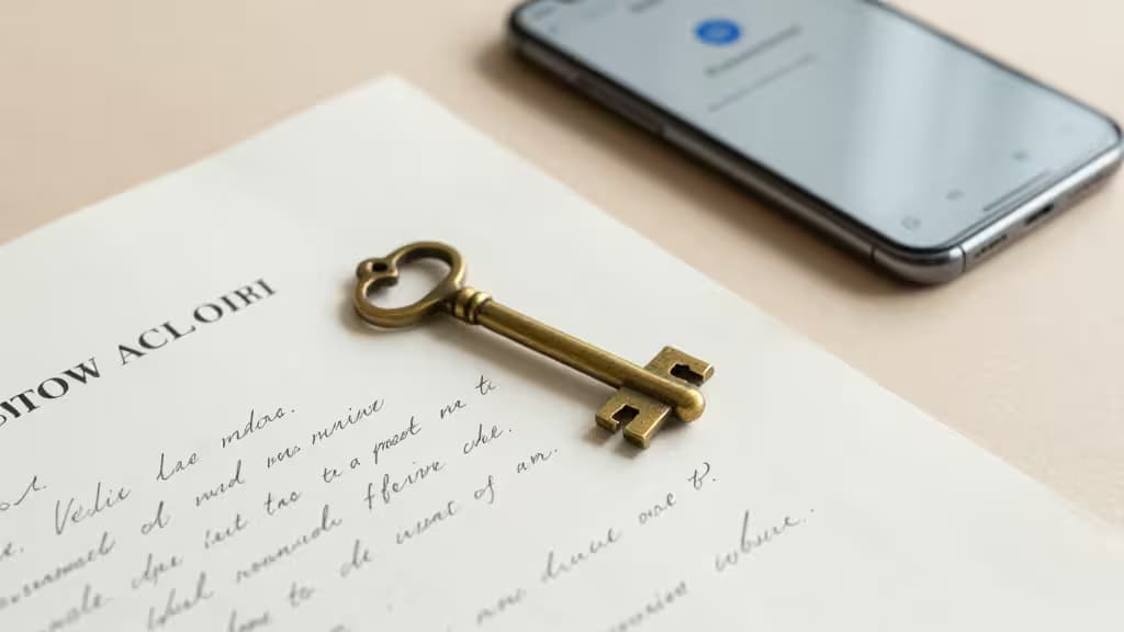 A brass key rests on a document beside a smartphone, symbolizing digital legacy planning.