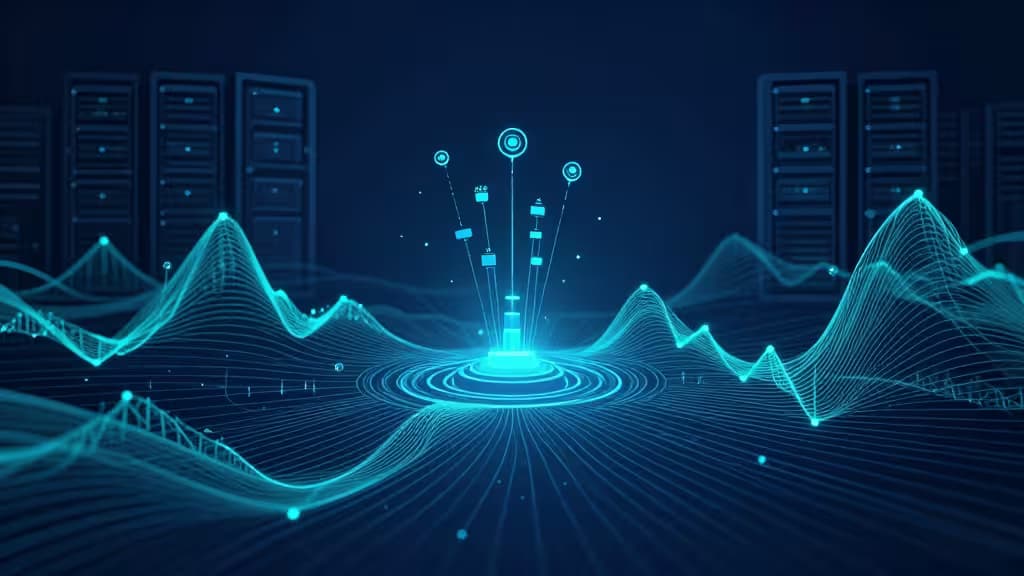 Glowing blue data streams flow from IoT sensors into a central database core, flanked by server racks.