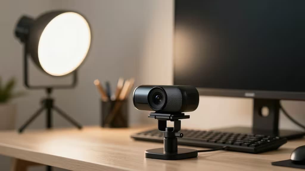 Sleek black 4K webcam on wooden desk, lit by soft ring light, ready for streaming.