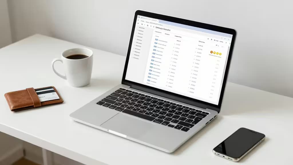 Laptop displays French business banking interface beside coffee, wallet, and smartphone on white desk.