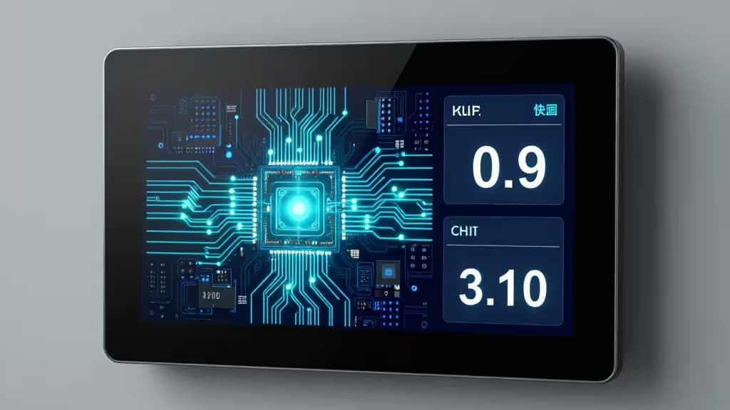 Sleek black smart monitor displays glowing blue circuitry and real-time energy metrics on its screen.