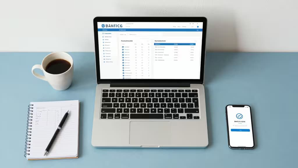Portátil prateado com software de banca sobre uma secretária azul, ao lado de uma chávena de café, um caderno e um telemóvel com a app de banca.