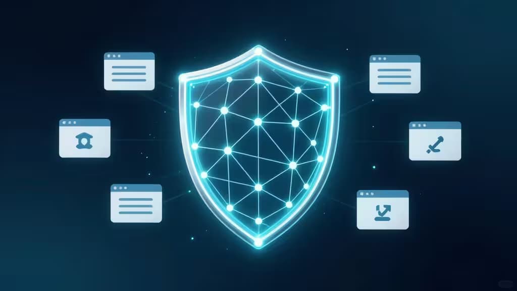 Uno scudo blu luminoso con una griglia di rete protegge finestre del browser fluttuanti dalle minacce digitali.