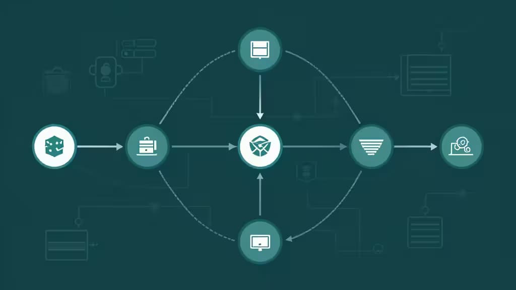 Teal circular nodes with white icons connect via arrows, forming a directed acyclic graph on a dark background.