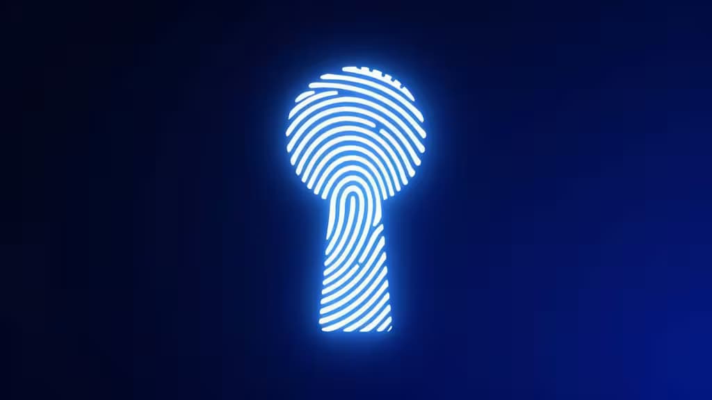 Abstract digital security concept showing a glowing keyhole morphing into a fingerprint pattern on a deep navy and electric blue gradient background.