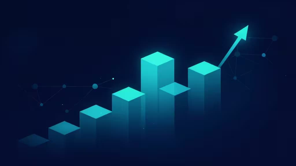 Visualização abstrata de block trades em cripto com blocos geométricos luminosos sobre fundo azul-escuro, representando liquidez e conectividade blockchain.